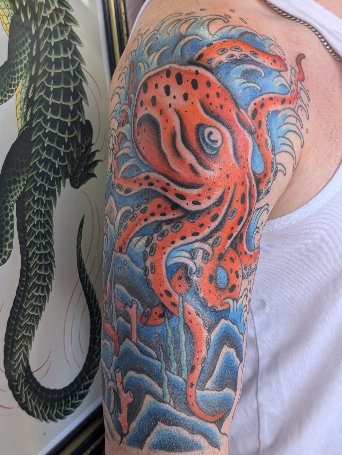 Octopus dotwork tattoo on the upper arm by Alexandria Green