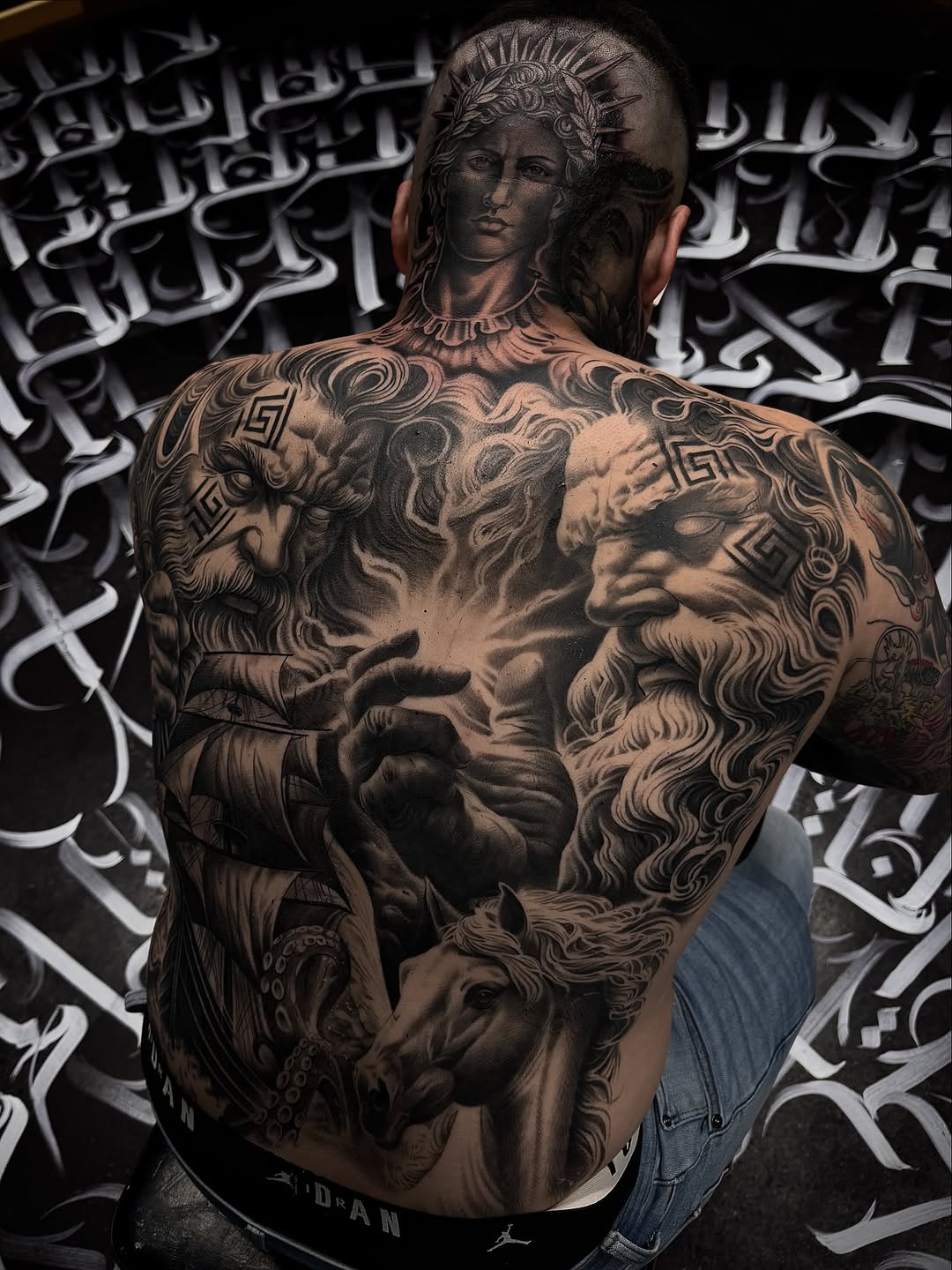 Mythological scene with ship and horse realism tattoo on the back by Gee Lagunas 🇲🇽, Springfield, Virginia