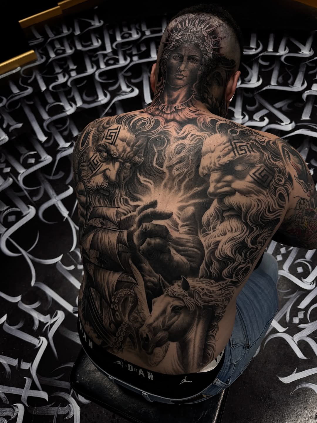 Mythological scene with ship and horse realism tattoo on the back by Gee Lagunas 🇲🇽, Springfield, Virginia