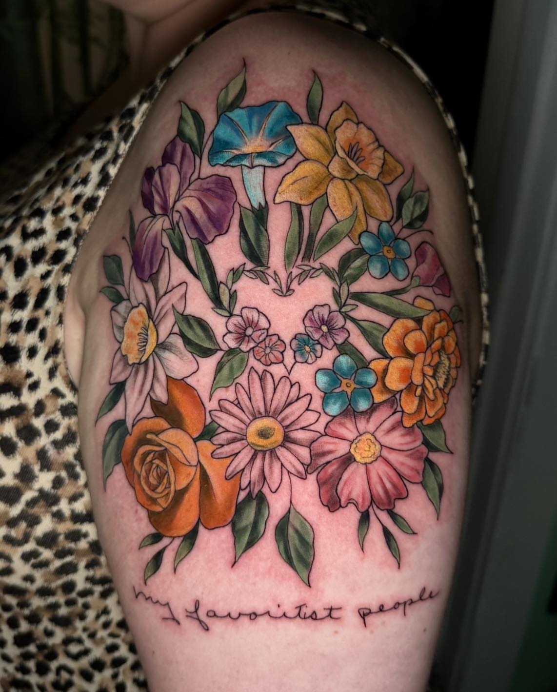 Floral bouquet new school tattoo on the shoulder by Mikaela Rush, Greensboro, North Carolina