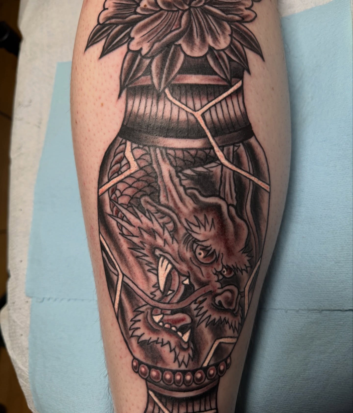Dragon and vase japanese irezumi tattoo on the forearm by Trevor Berry