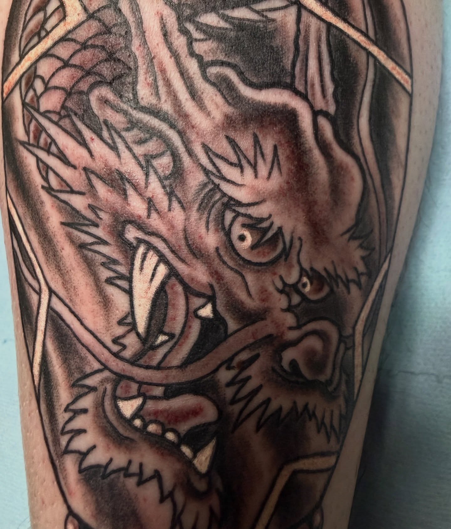 Dragon American traditional tattoo on the forearm by Trevor Berry