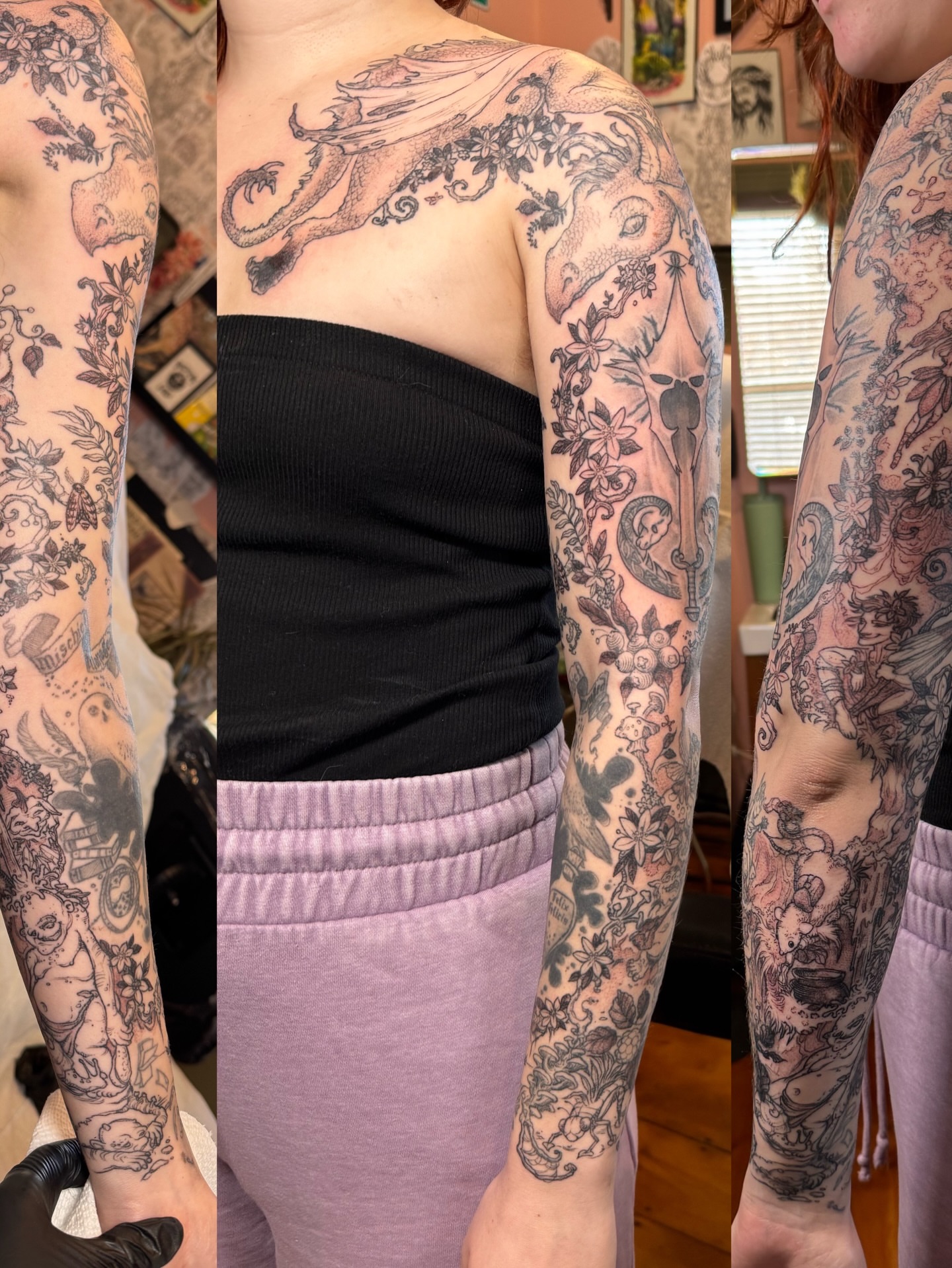 Mythical creature and floral ornamental tattoo on the upper arm by Rebeka Chase [Sobodacha]