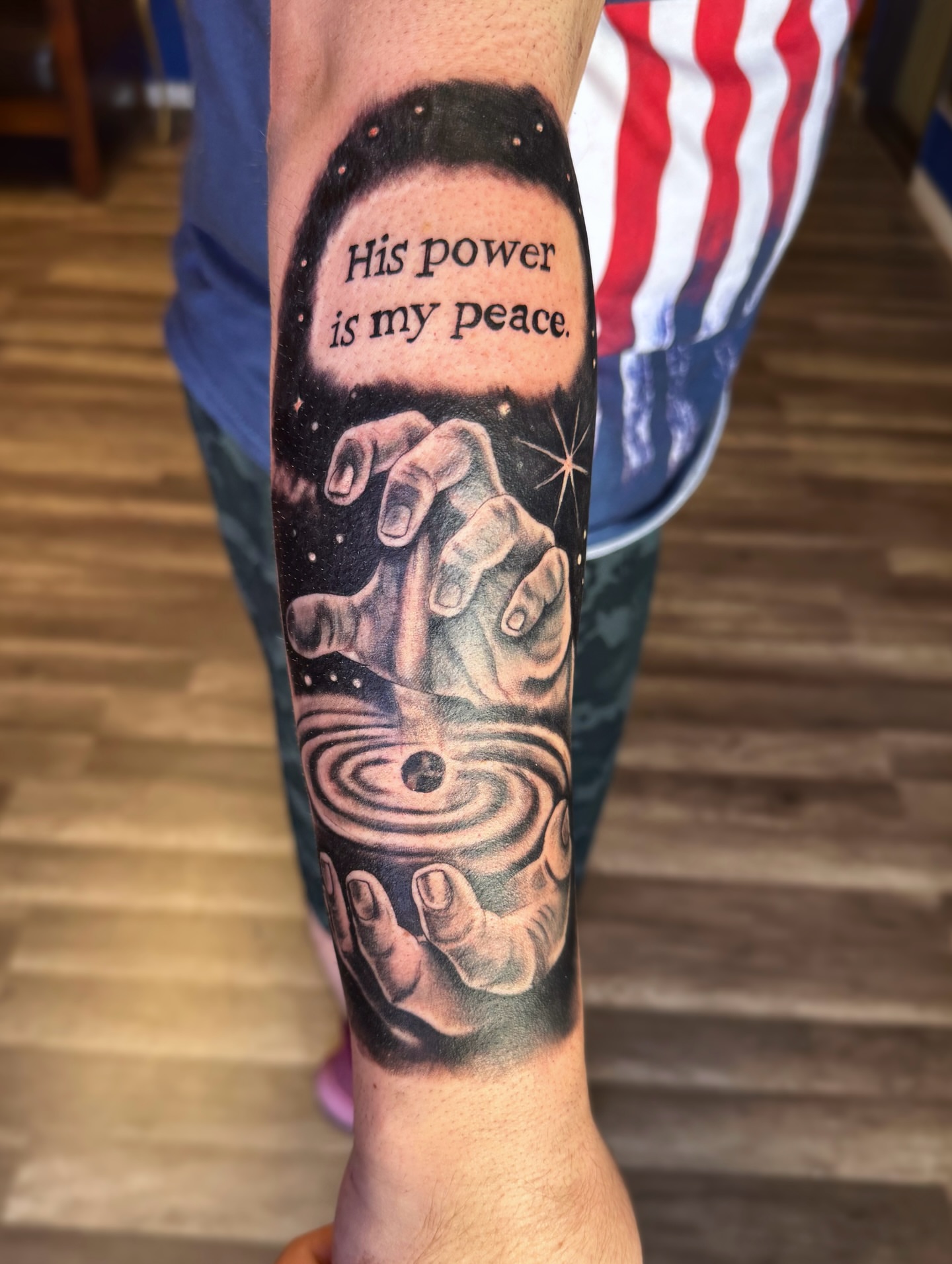 His power is my peace dotwork tattoo on the forearm by Kate