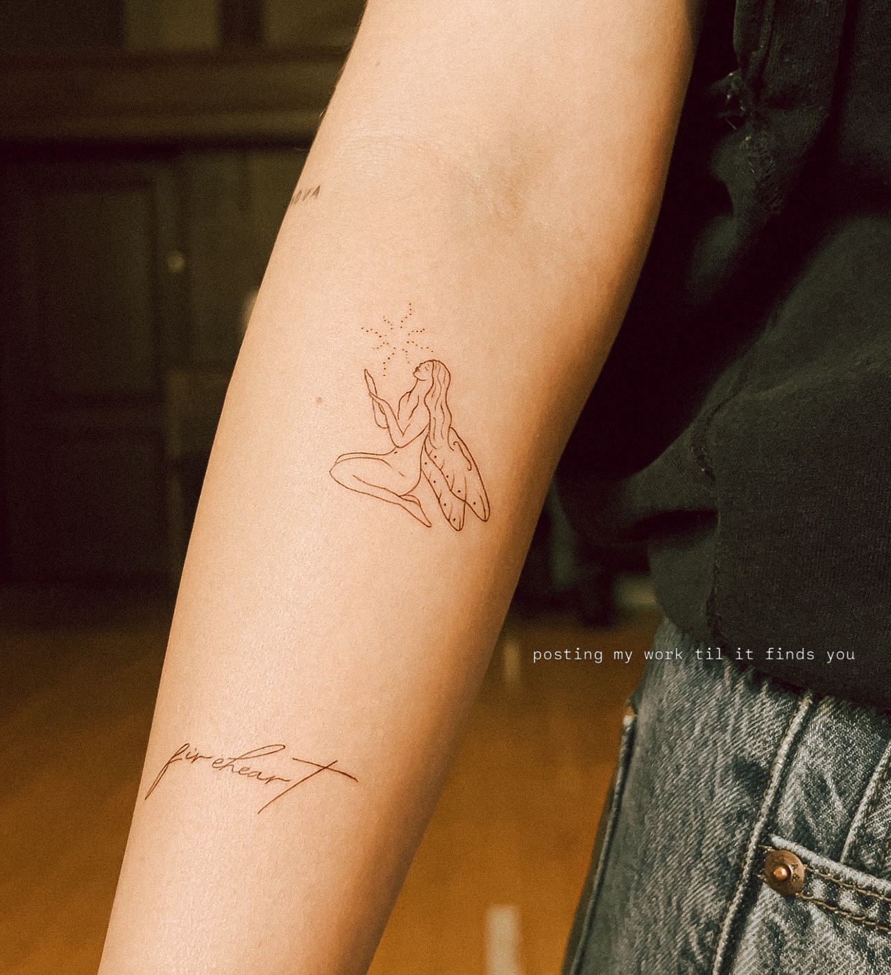 Meditation pose fine line tattoo on the forearm by chloe ☼, Tacoma, Washington