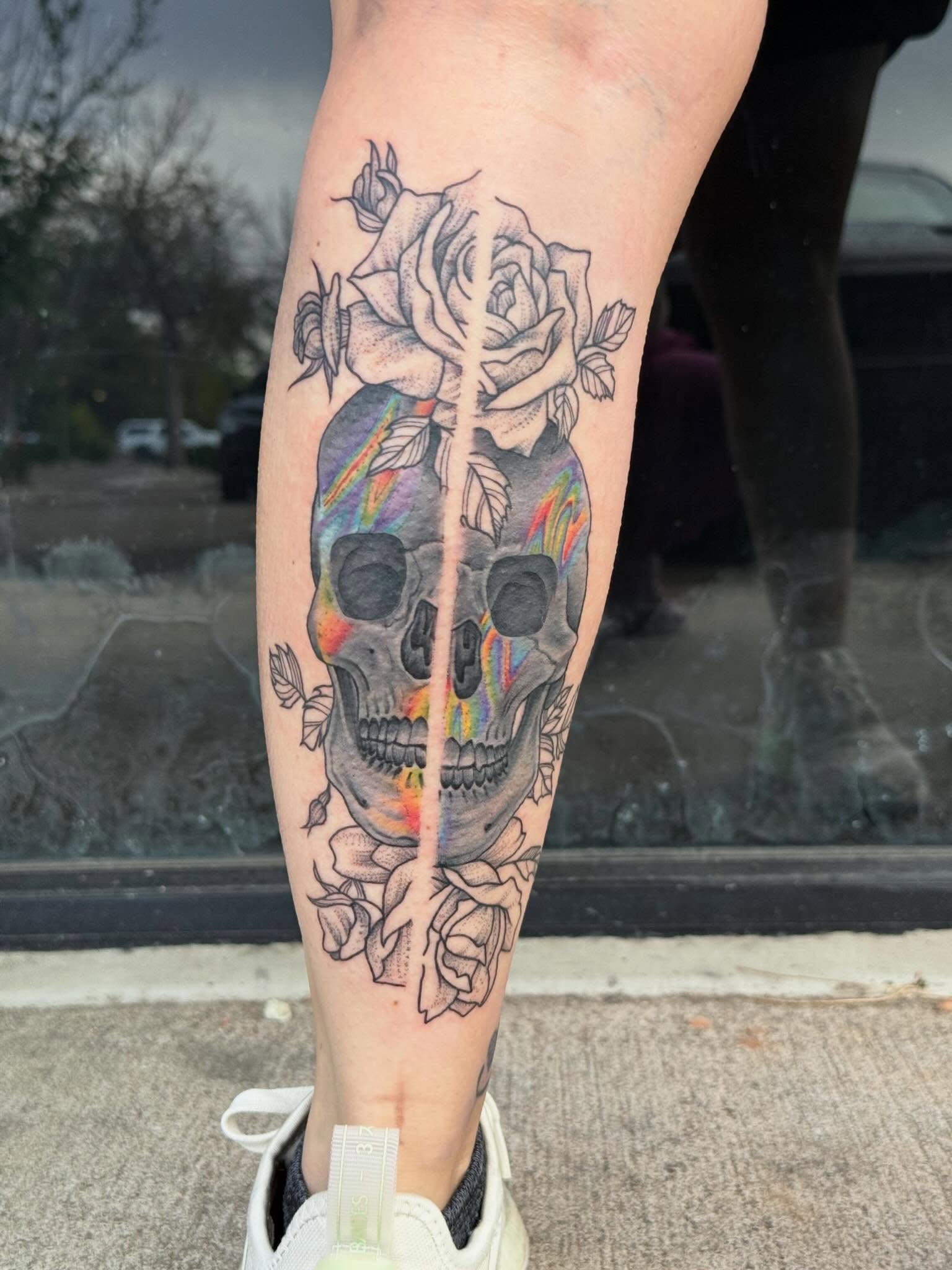 Skull and roses realism tattoo on the calf by Katrina Aldaco 🧿 Tattoo Artist