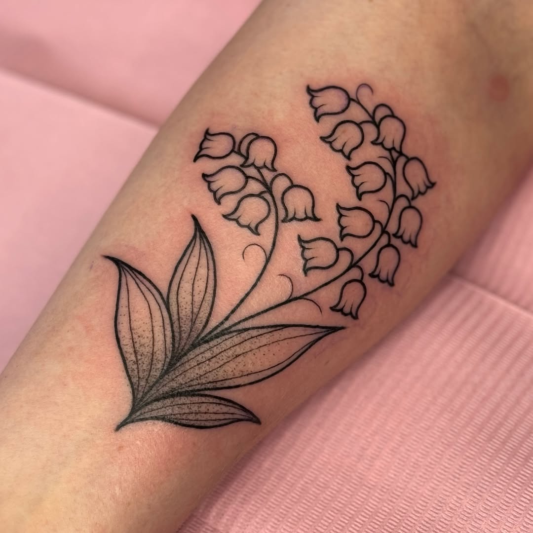 Lily of the valley flowers fine line tattoo on the forearm by ꧁꧁Hayley꧂꧂