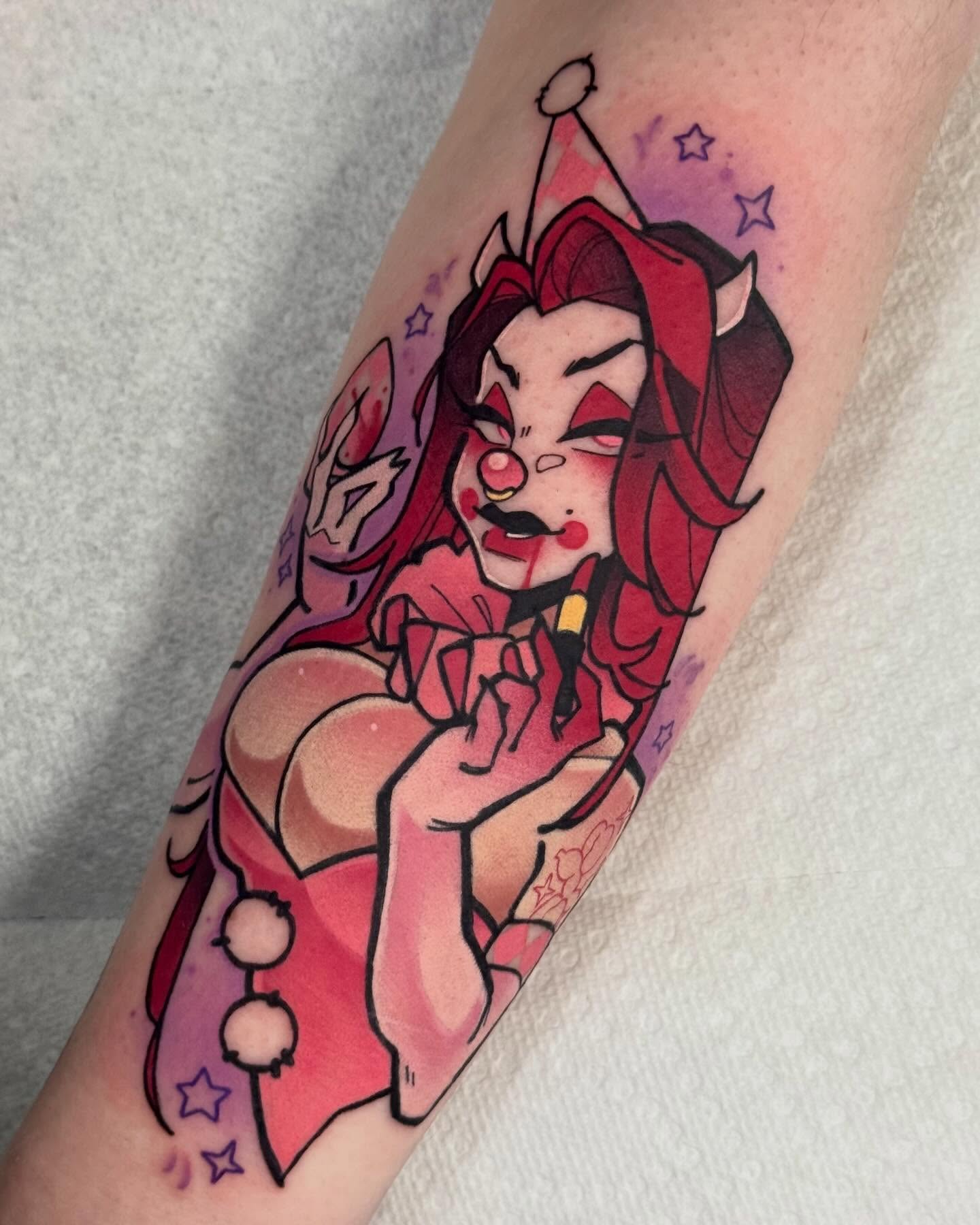 Clown new school tattoo on the forearm by Taylor Nicoll Chunn