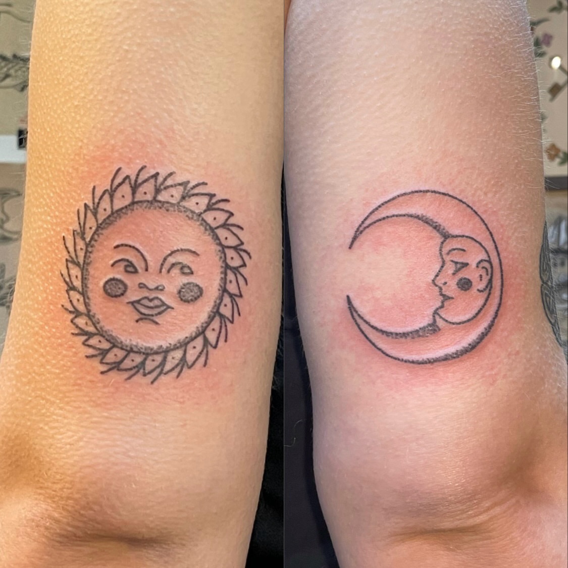 Sun and moon dotwork tattoo on the forearm by Roe