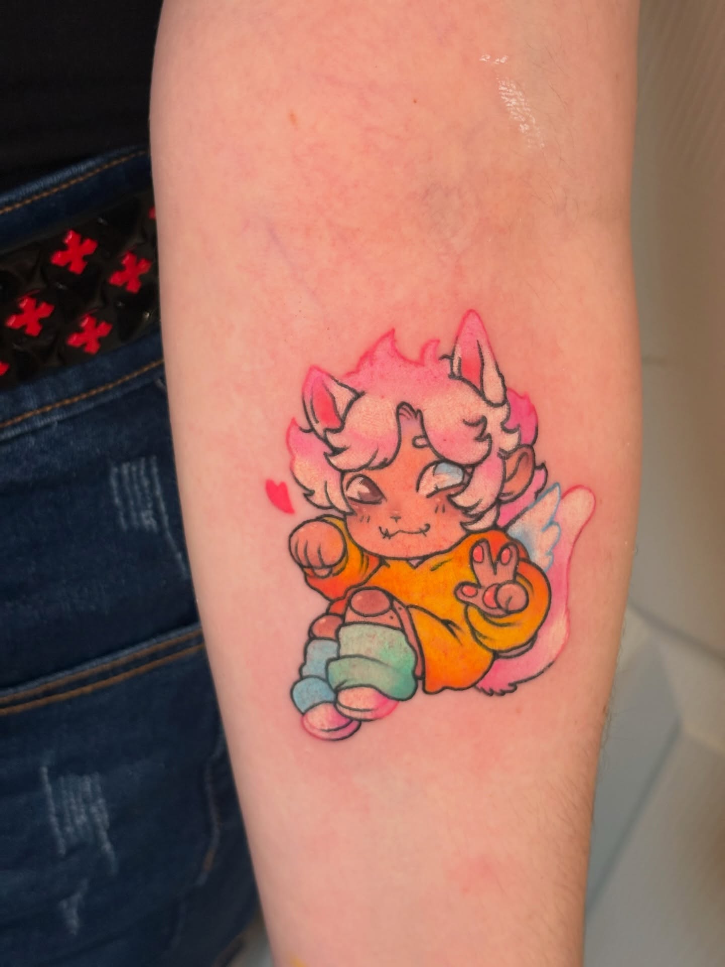 Chibi dragon new school tattoo on the forearm by Callum