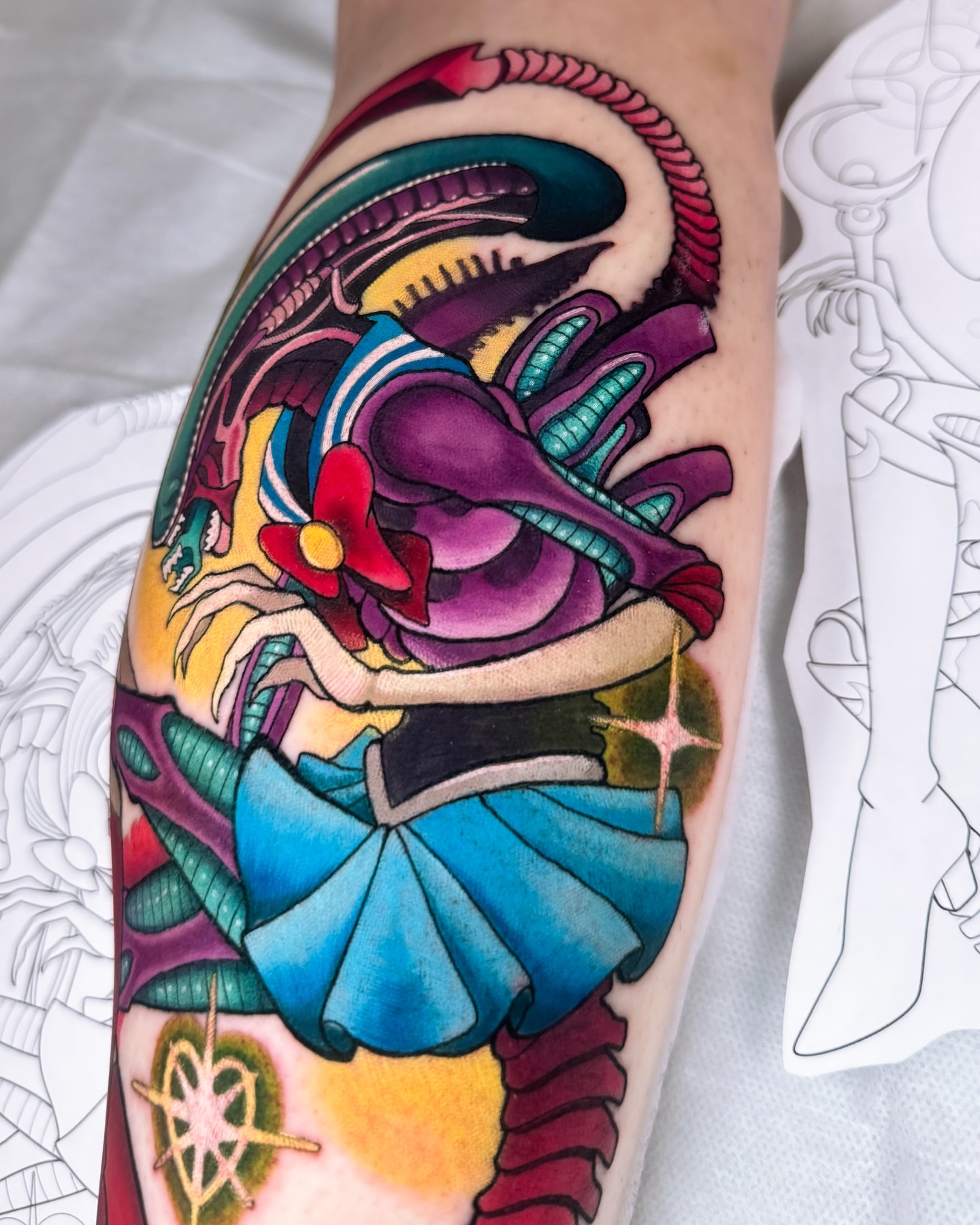 Alien hugging girl new school tattoo on the forearm by 𝔐𝔞𝔯𝔰 ✨