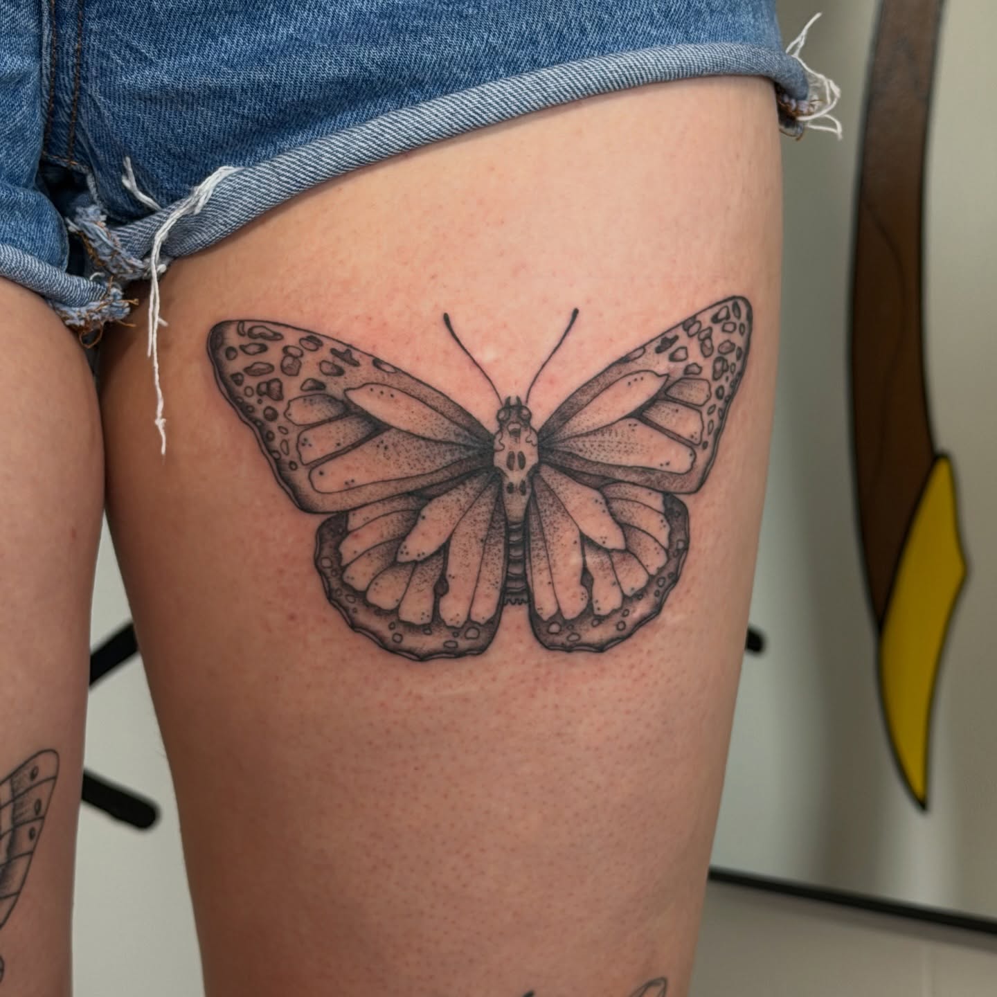 Butterfly dotwork tattoo on the thigh by Sophia, New Carlisle, Ohio