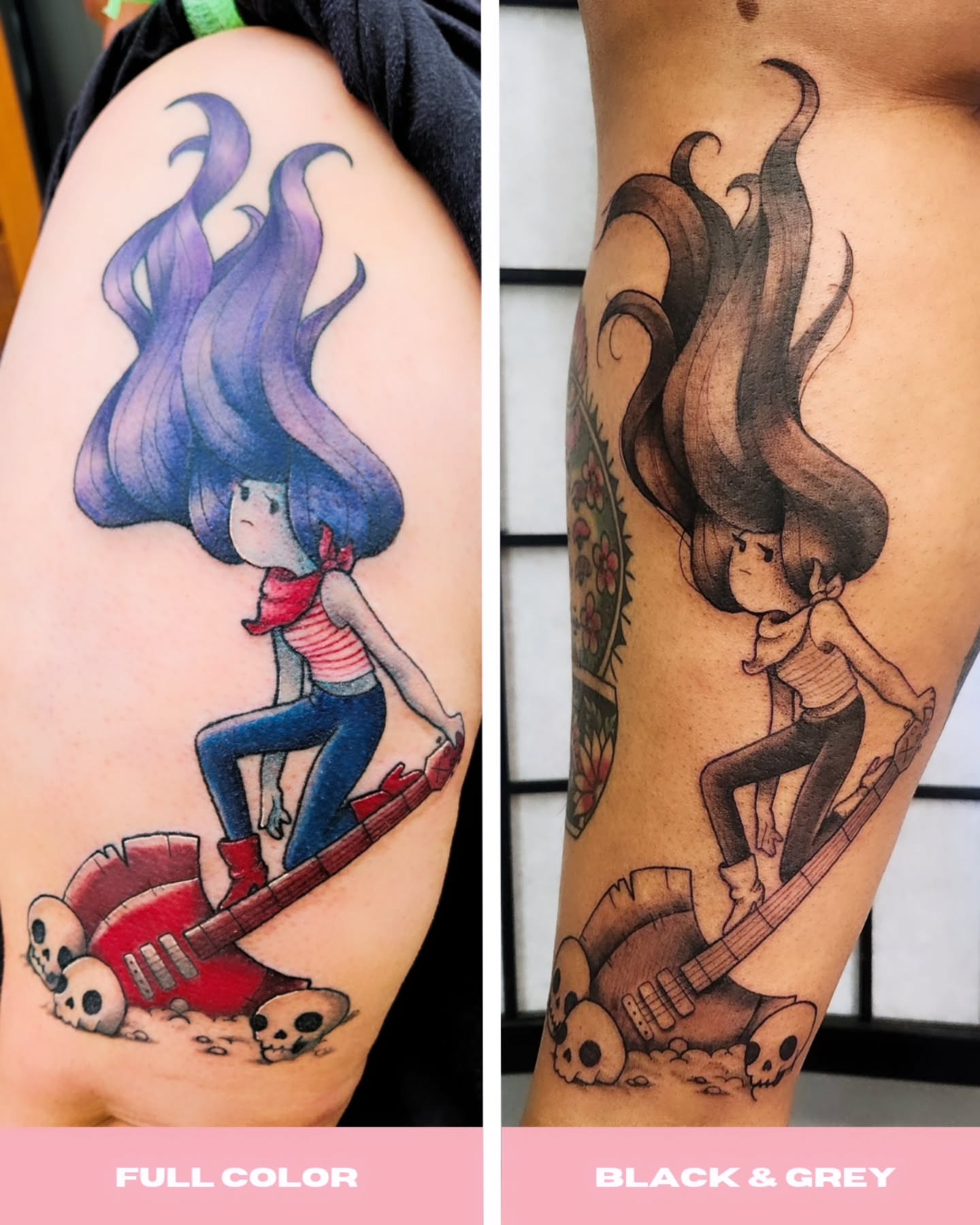 Girl riding guitar anime tattoo on the upper arm by Amanda Boyd - Duh!