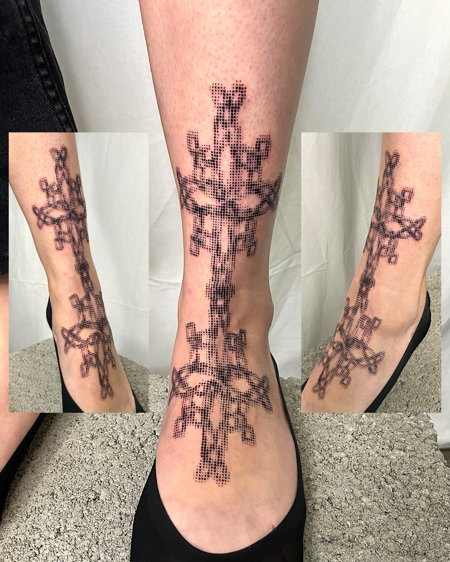 Cross dotwork tattoo on the calf by Azucena