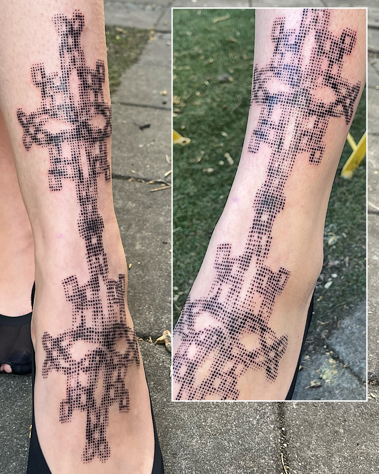 Cityscape dotwork tattoo on the leg by Azucena