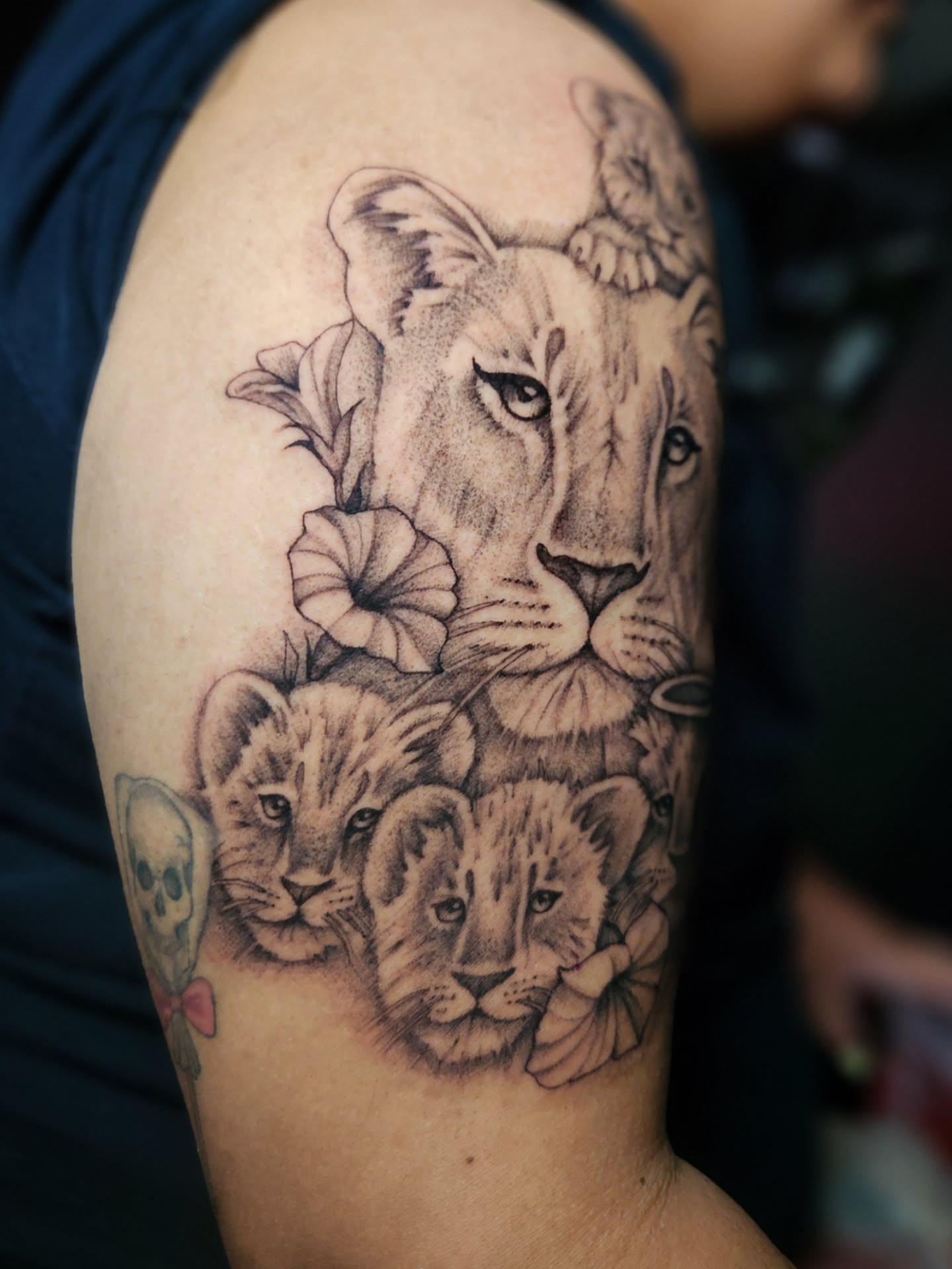Lion family realism tattoo on the shoulder by Abby Renteria