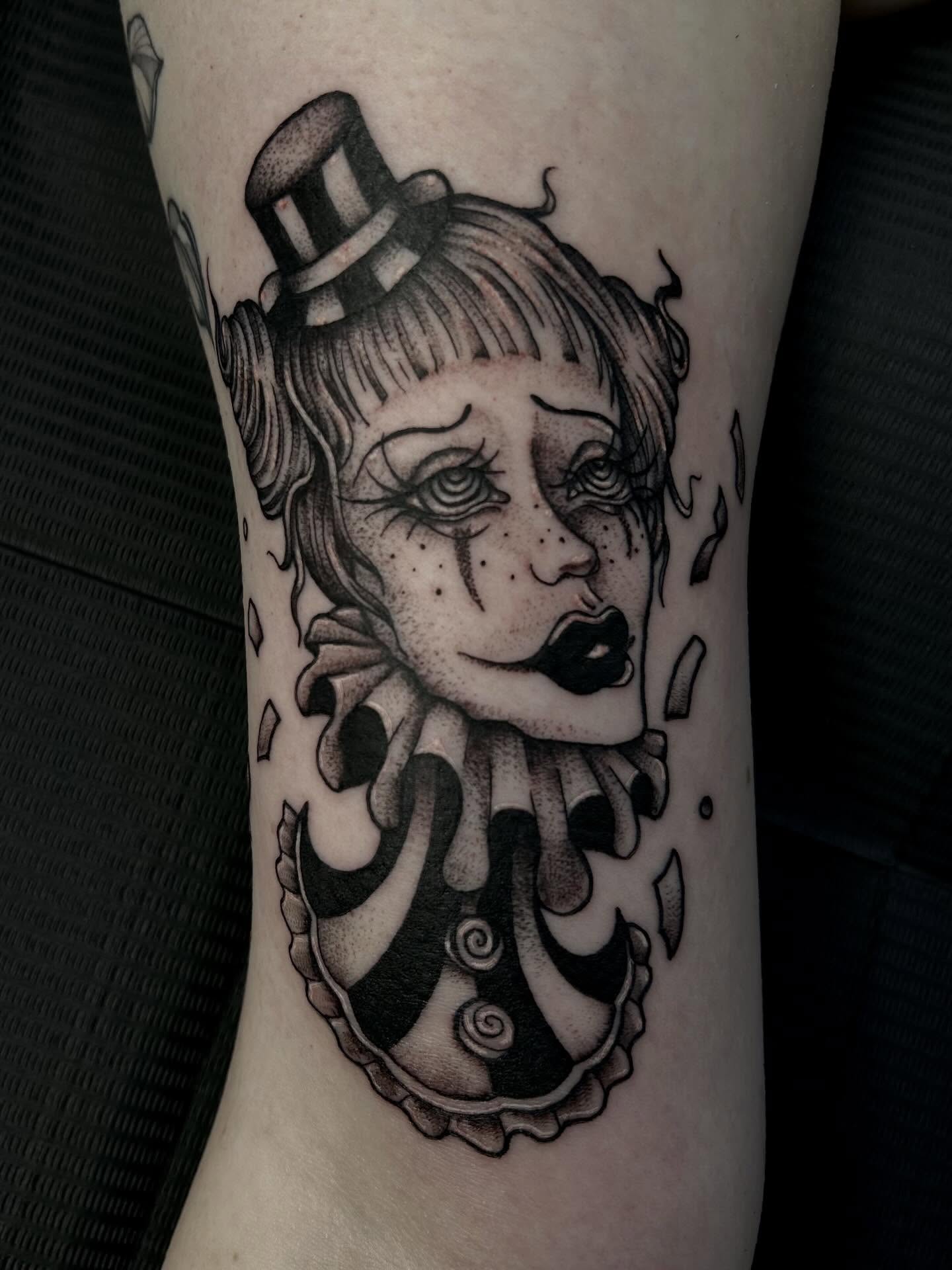 Clown realism tattoo on the forearm by abby ☽ marie
