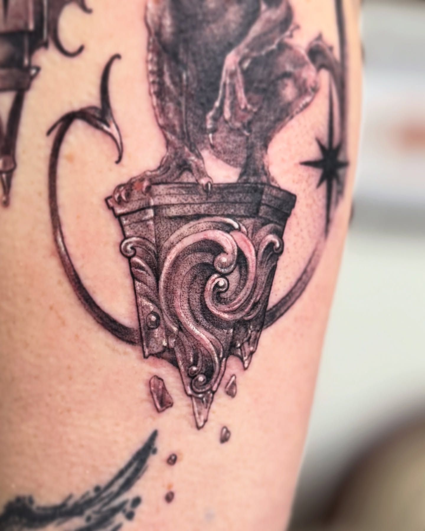 Broken ornamental piece geometric tattoo on the forearm by Andy Rowe- Tattoo Artist🦇