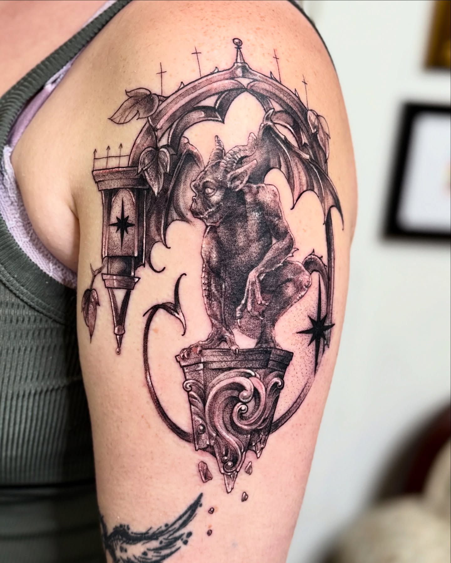 Gargoyle realism tattoo on the shoulder by Andy Rowe- Tattoo Artist🦇