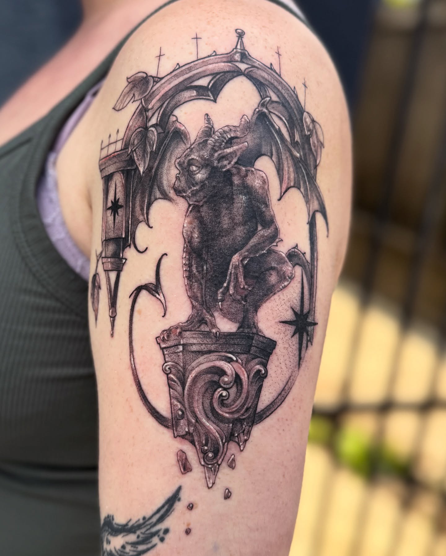 Gargoyle realism tattoo on the shoulder by Andy Rowe- Tattoo Artist🦇
