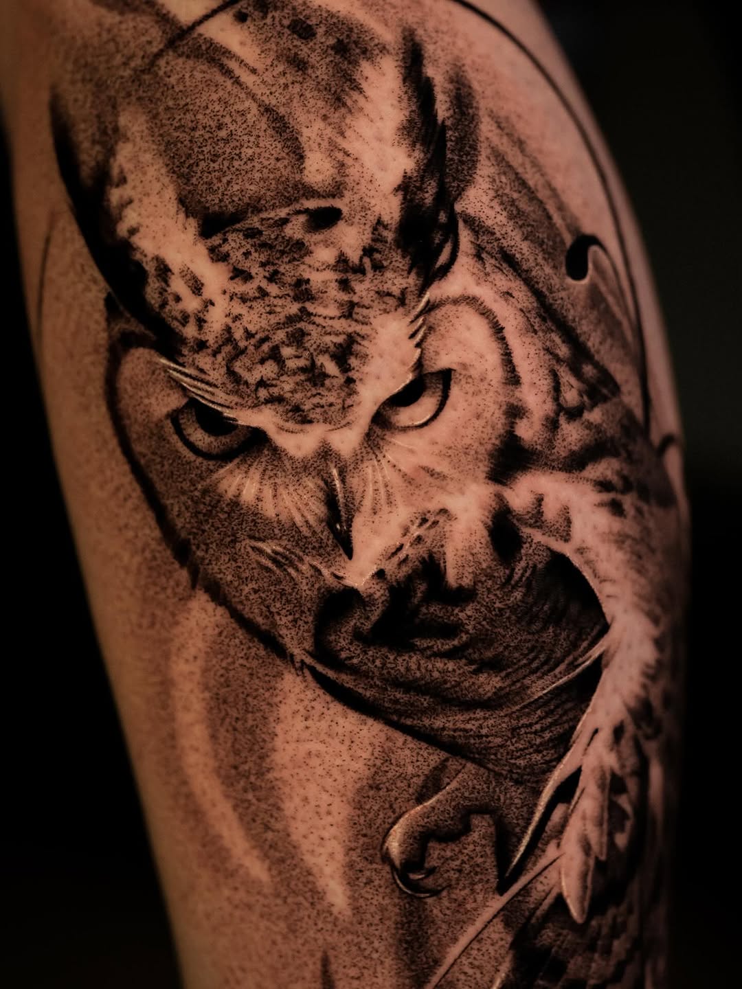 Owl portrait realism tattoo on the forearm by Nikita Grinenko, San Francisco