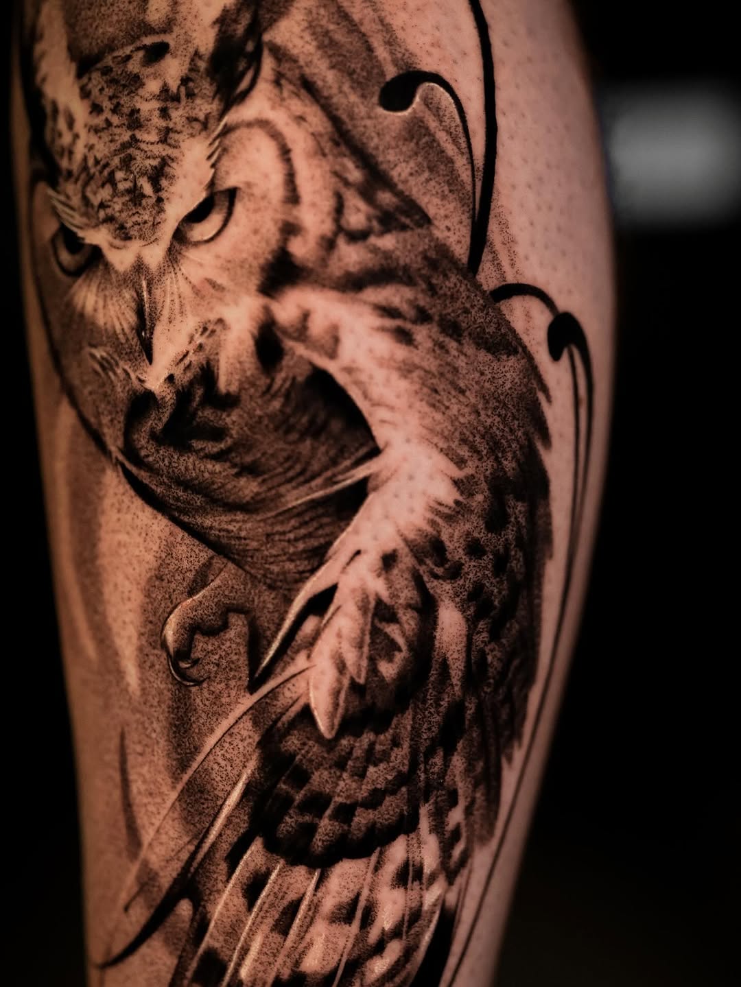 Owl fine line tattoo on the forearm by Nikita Grinenko, San Francisco