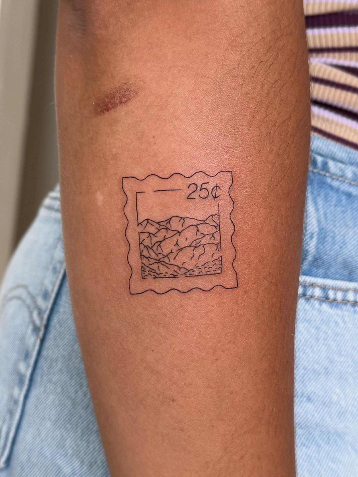 Mountain landscape black and grey tattoo on the forearm by Fine Line Tattoos