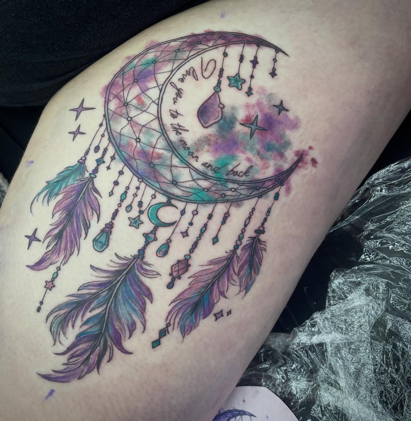 Dreamcatcher watercolor tattoo on the thigh by elly, Oakham