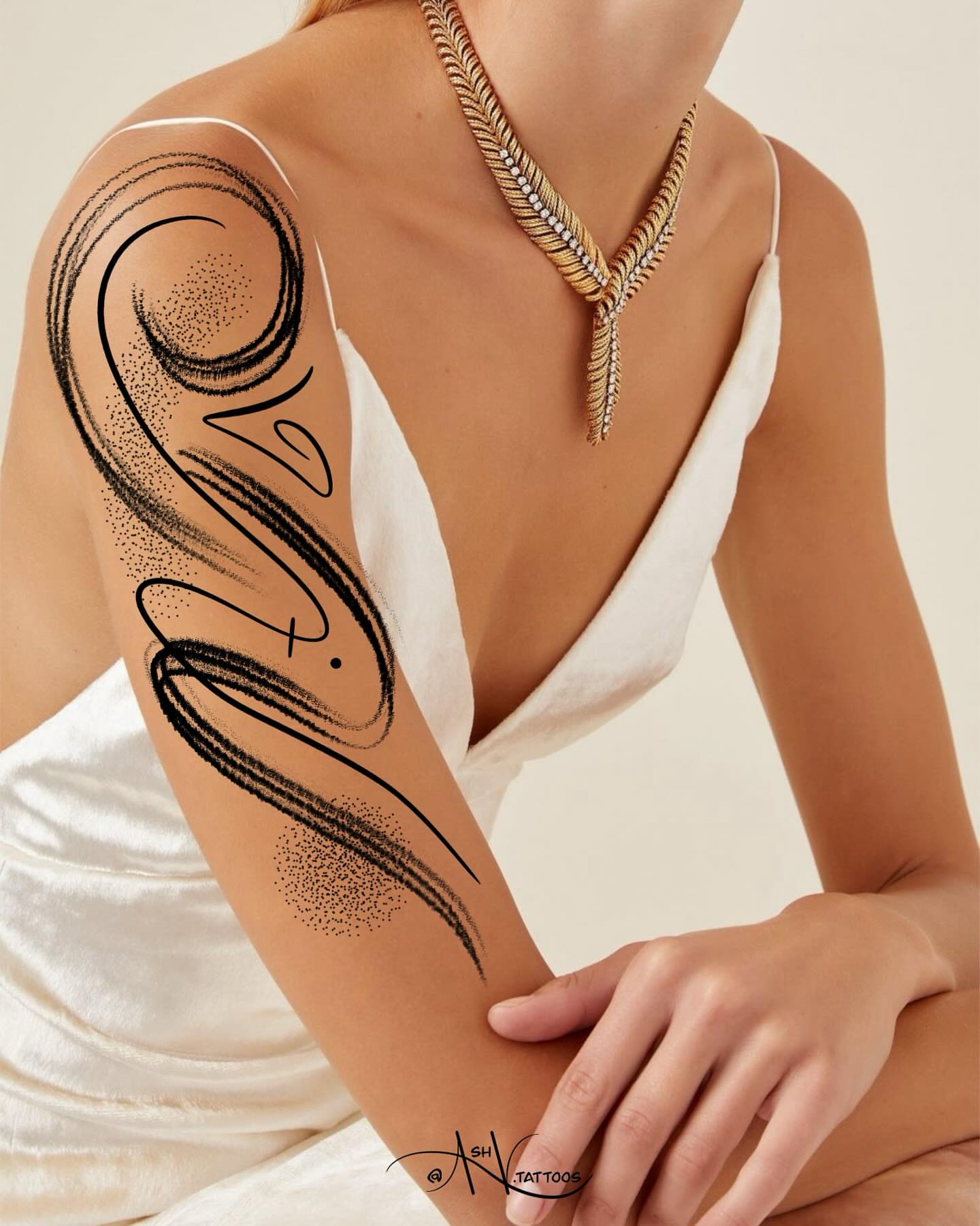 Abstract swirl dotwork tattoo on the upper arm by Ash - Fineline Tattoo Apprentice
