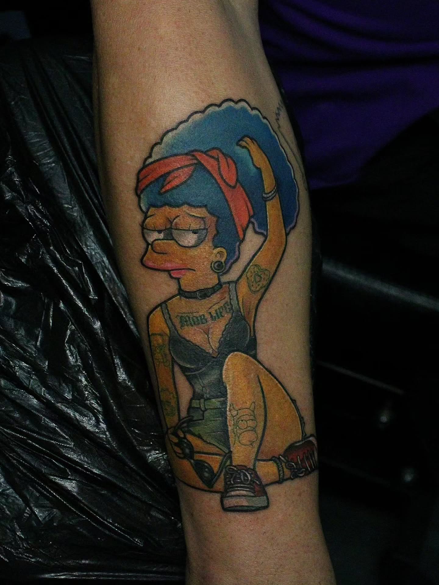 Moe Szyslak realism tattoo on the forearm by Joey Vinci, Phoenix, Arizona