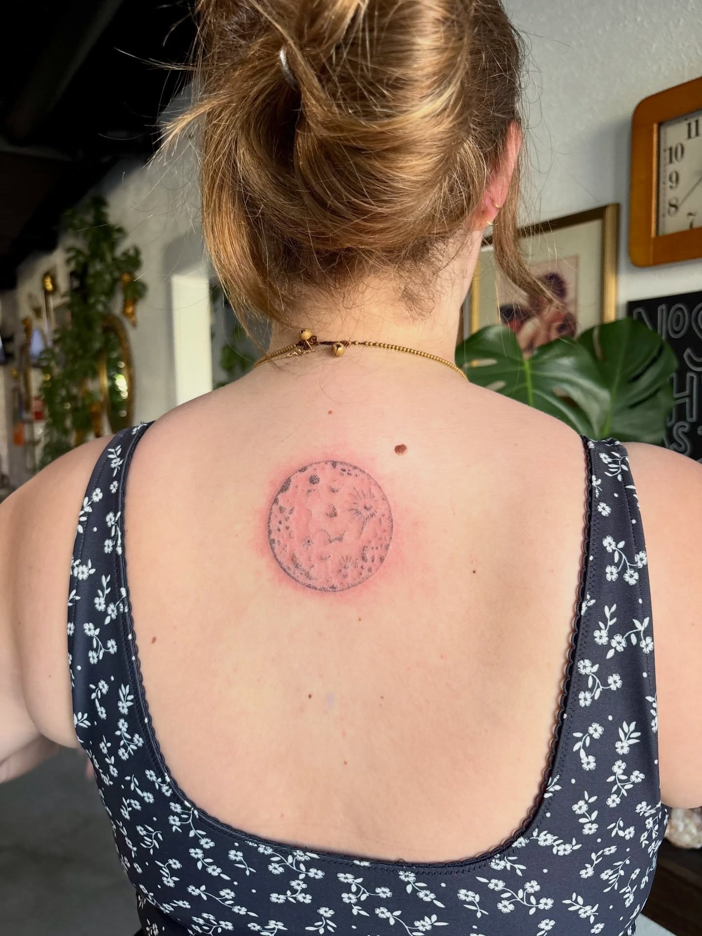 Moon American traditional tattoo on the back by Ashley, Elk Horn, Iowa