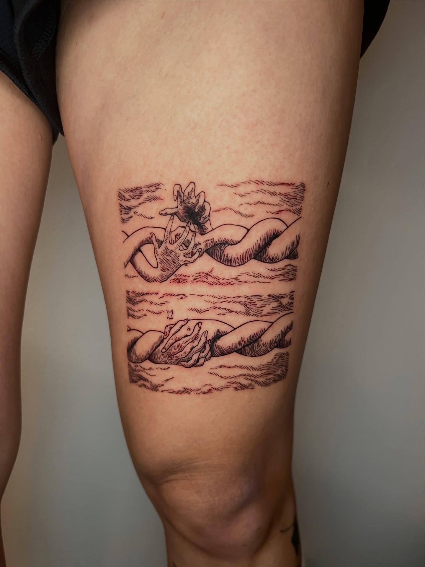Mermaid and dolphin black and grey tattoo on the thigh by AJ π°π· LA tattoo