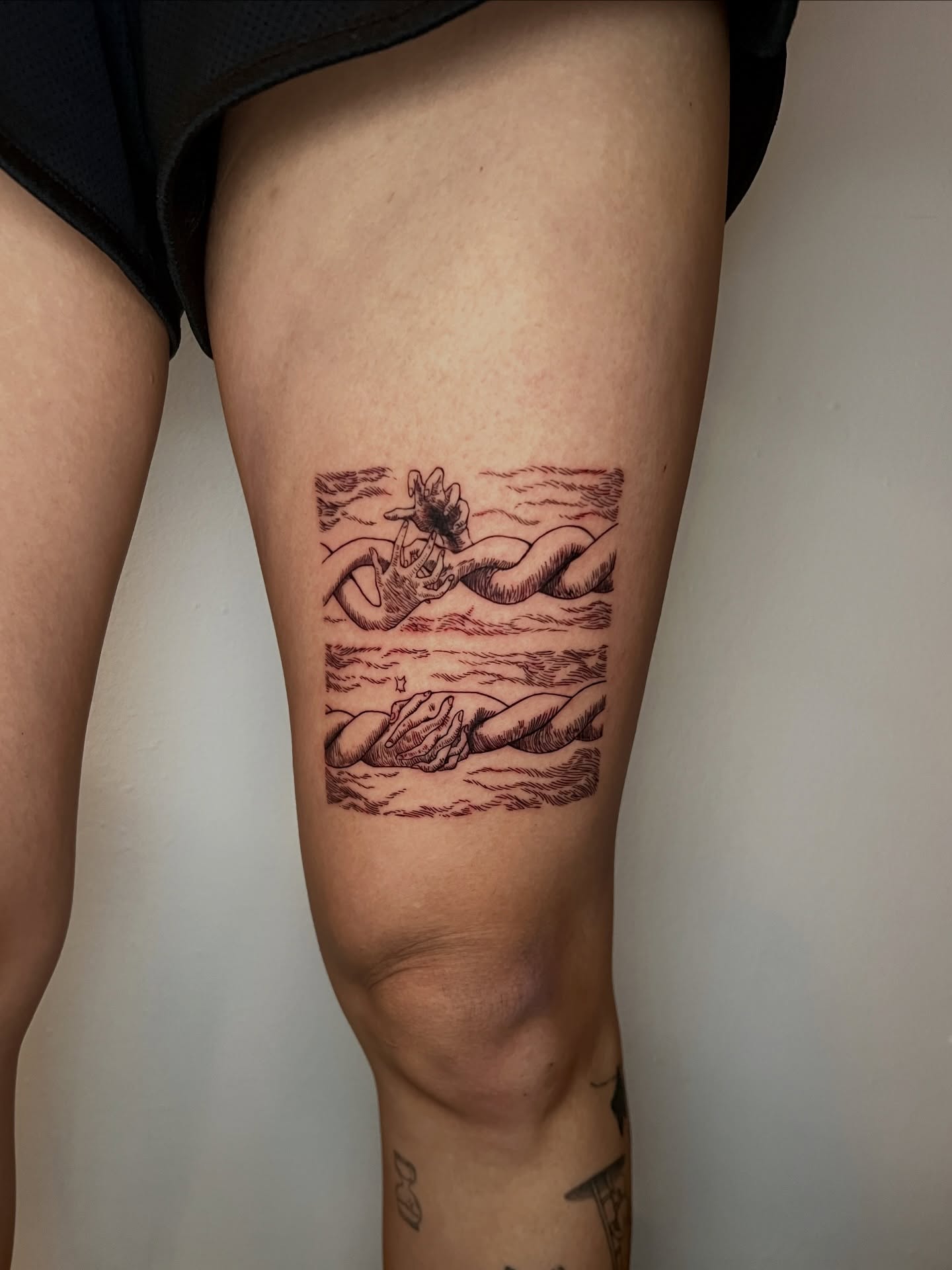 Swimming woman black and grey tattoo on the thigh by AJ π°π· LA tattoo