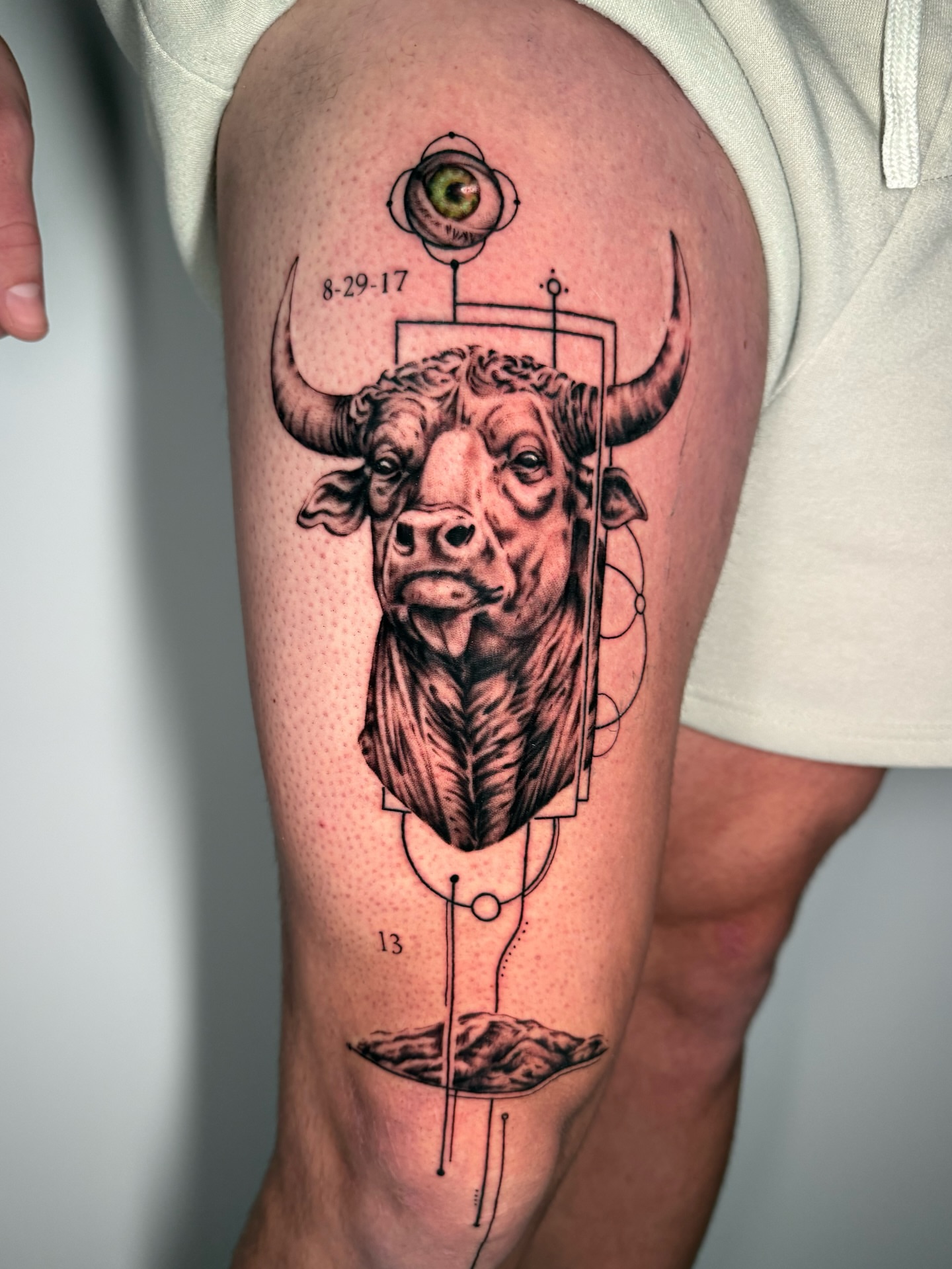 Bull head realism tattoo on the thigh by Moi Rivas, Salt Lake City, Utah