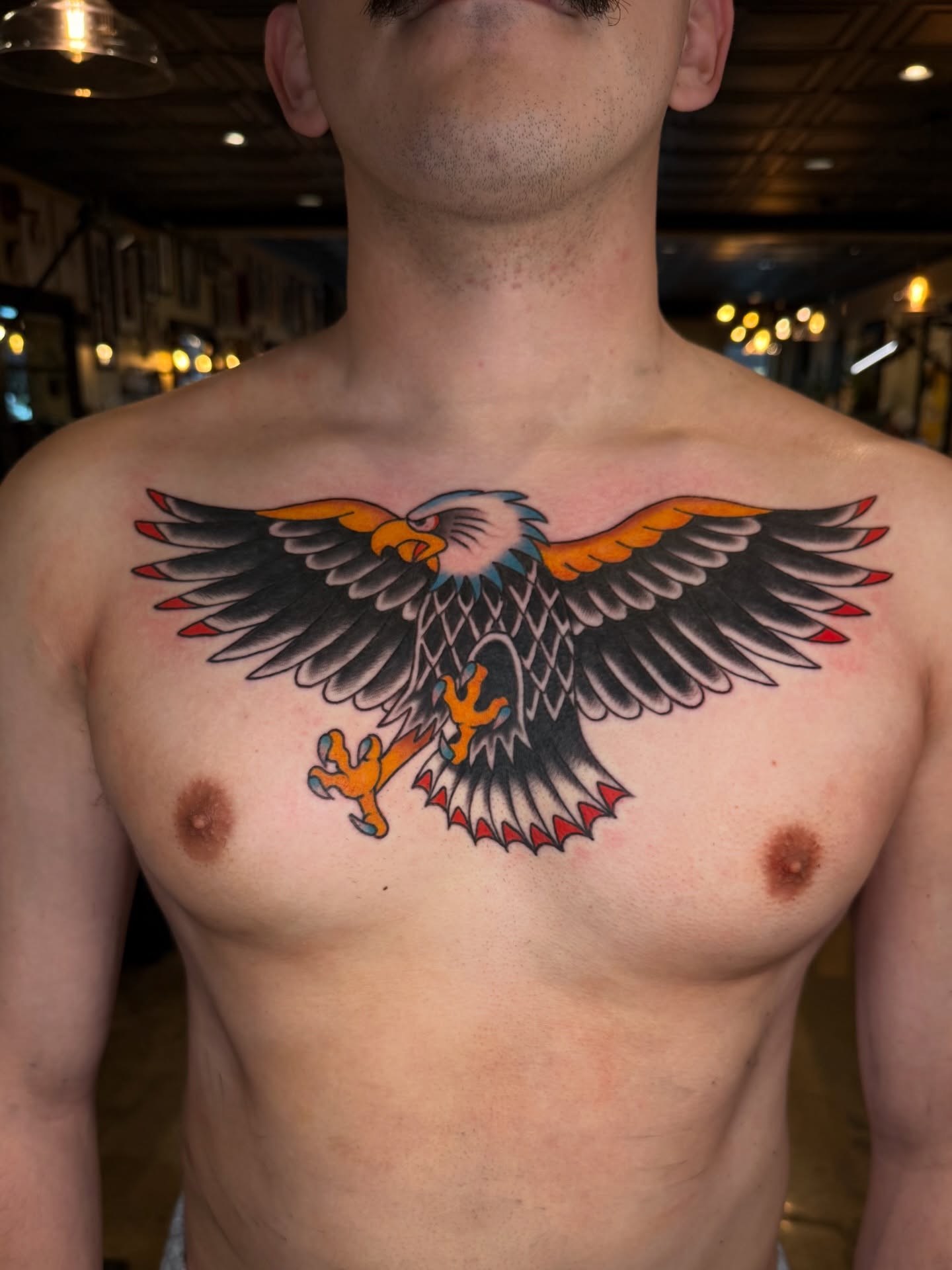Eagle American traditional tattoo on the chest by Tyler Brown, San Diego, California