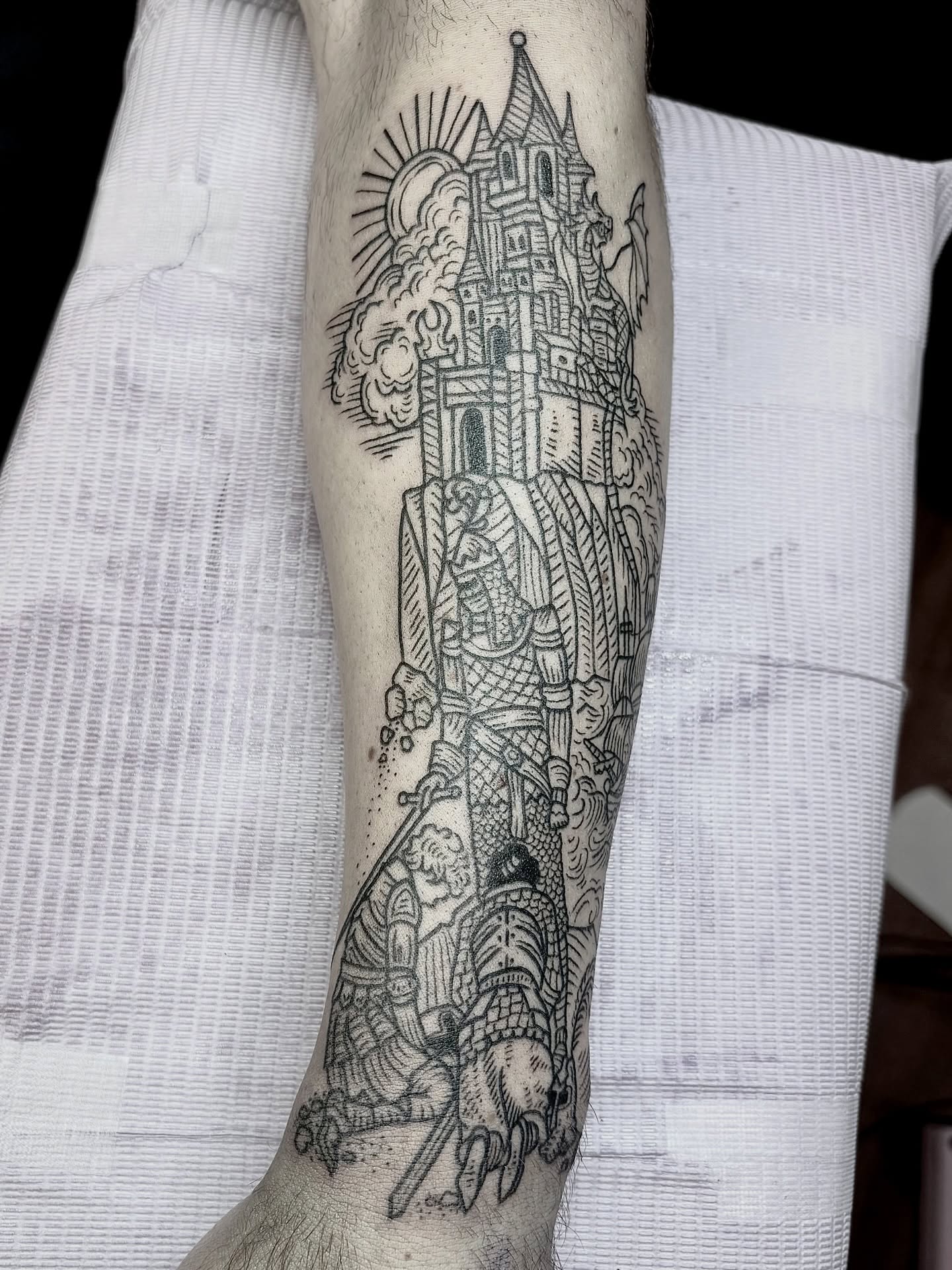 Castle and knights realism tattoo on the forearm by <3 eve’s tattoos <3