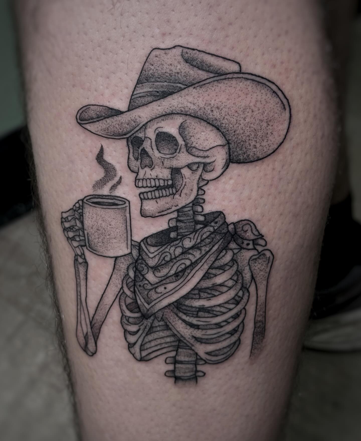 Cowboy skeleton dotwork tattoo on the thigh by 𓍊𓋼 Joana Diane Tattoos 𓋼𓍊
