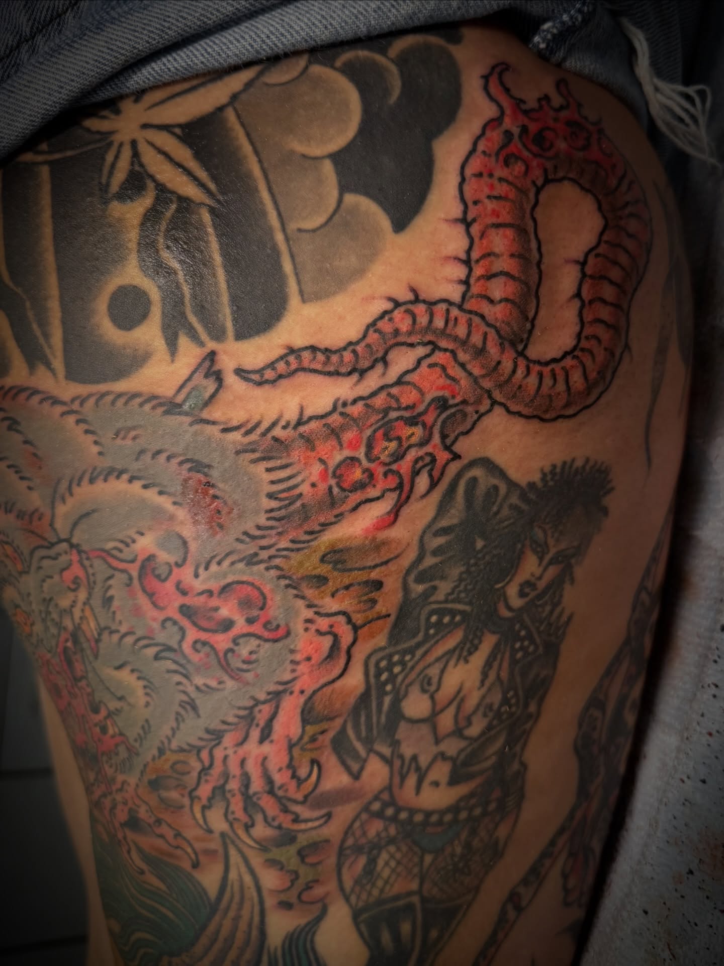 Dragon and warrior japanese irezumi tattoo on the thigh by J Ranno, Richmond, Virginia