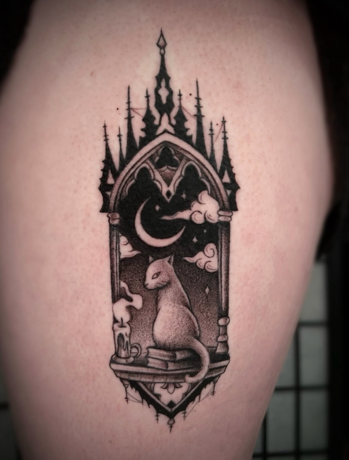Gothic window geometric tattoo on the thigh by π·ππ πππππ π·οΈ