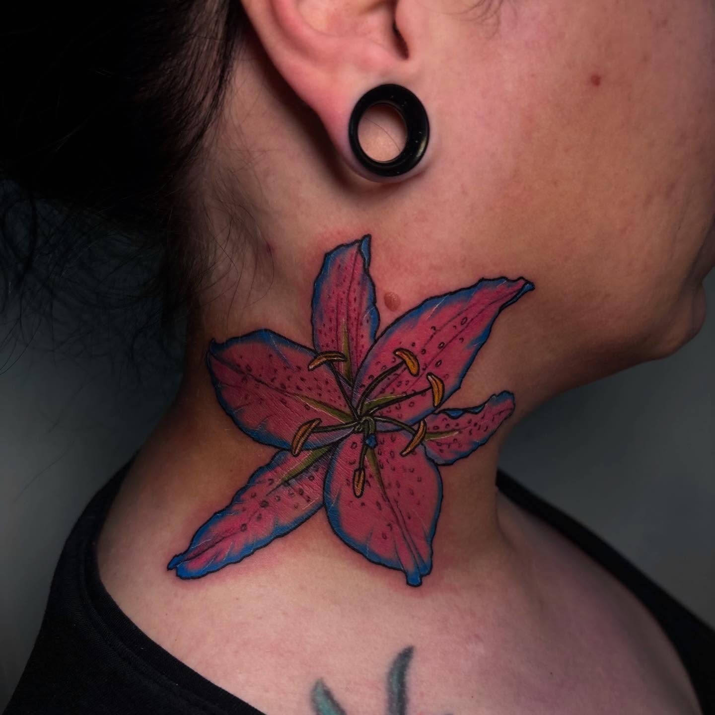 Lily realism tattoo on the neck by 𝕶𝕬𝕿