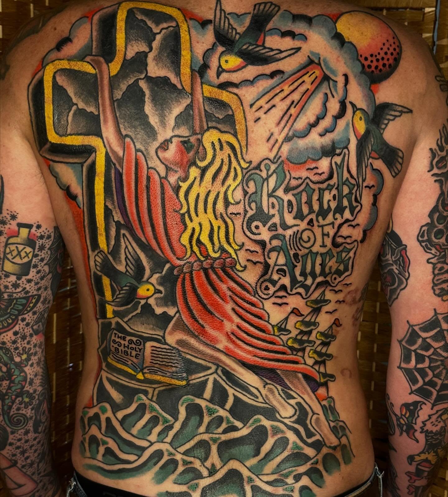 Religious figure American traditional tattoo on the back by Rob, Nashville, Tennessee