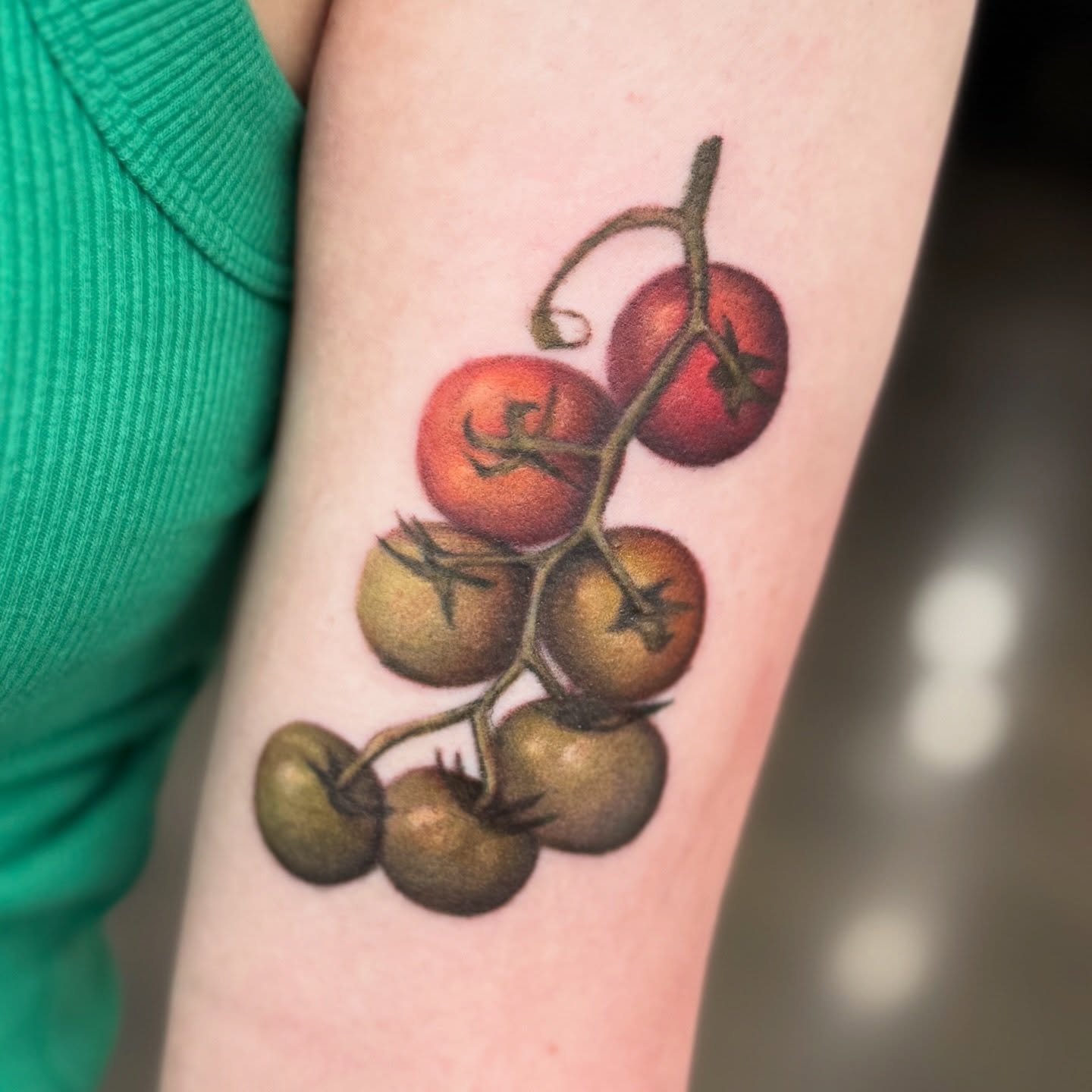 Cherry tomatoes realism tattoo on the forearm by Glory Pechonis πΏ