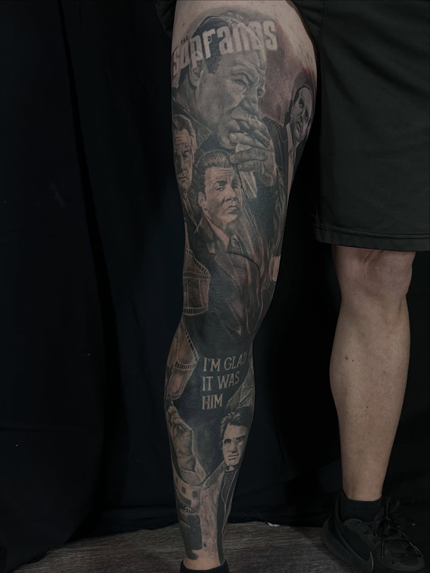 Gangster movie characters realism tattoo on the leg by Matthew Doherty