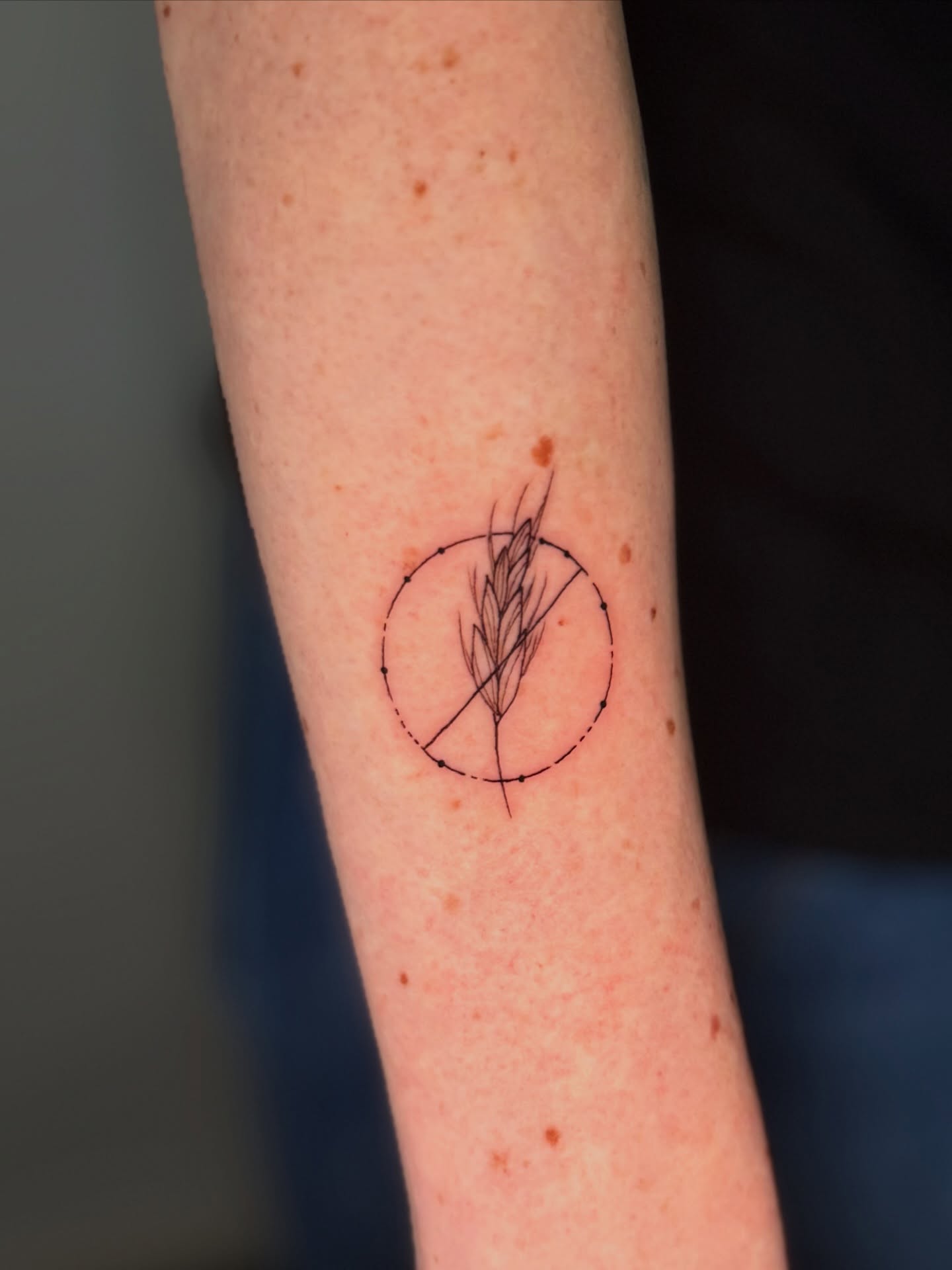 Wheat sheaf fine line tattoo on the forearm by Mandy Kaur
