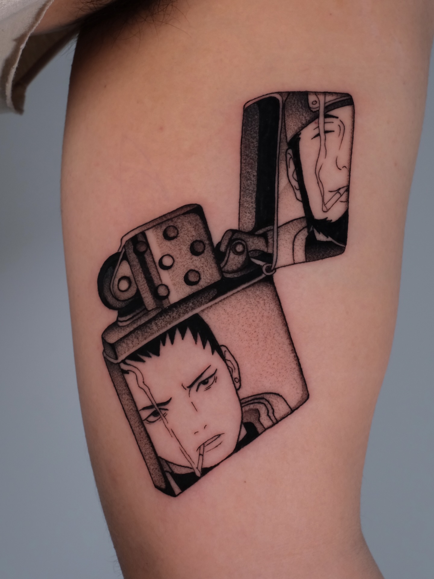 Anime character dotwork tattoo on the forearm by Yakir, Houston, Texas