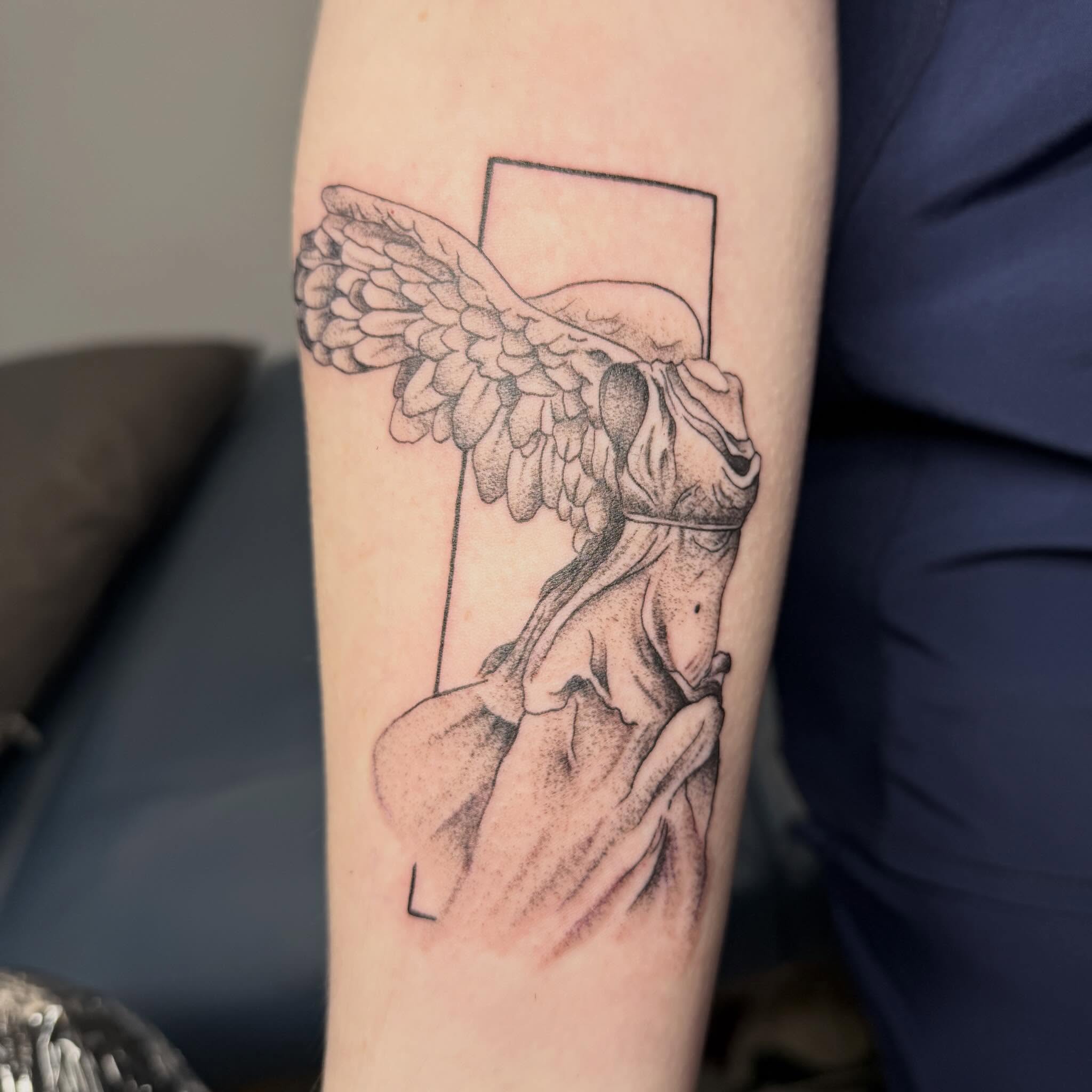 Angel dotwork tattoo on the forearm by Abby