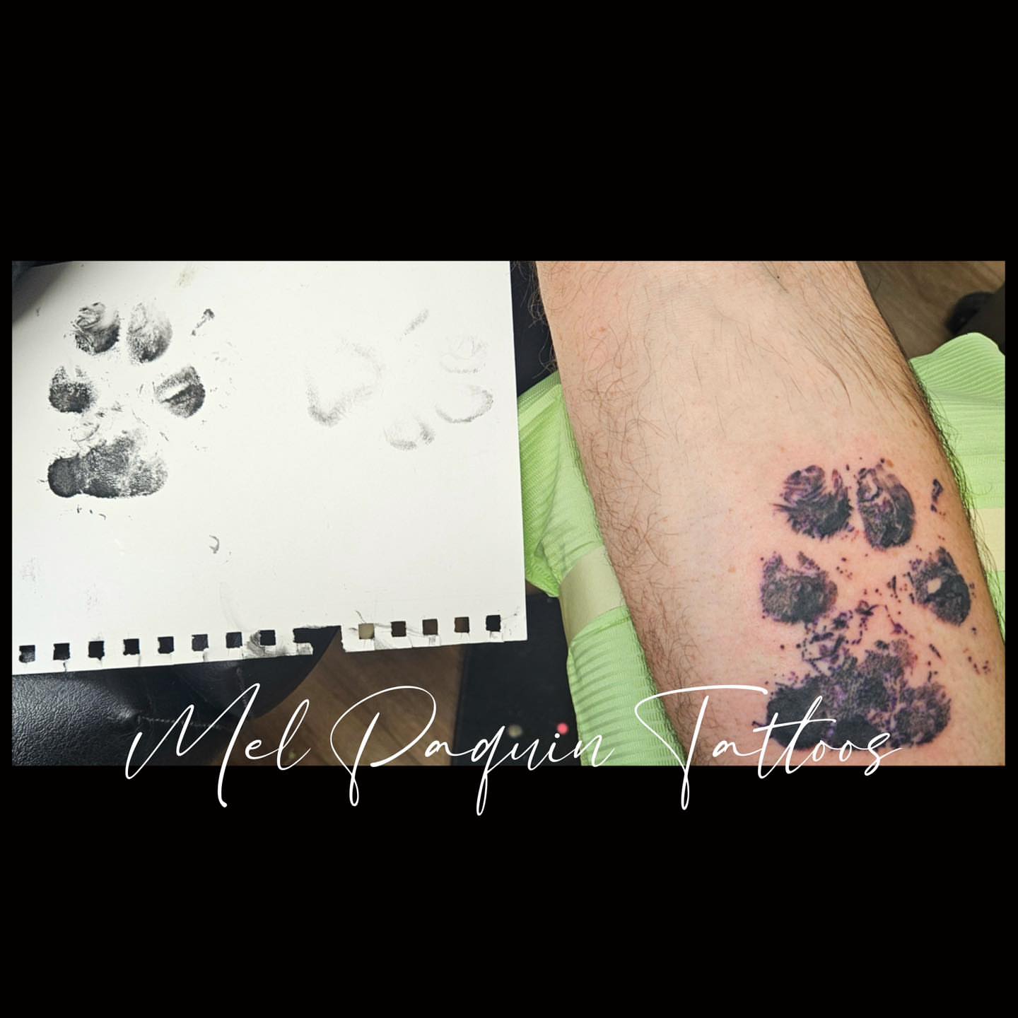 Paw print dotwork tattoo on the forearm by Mel Paquin