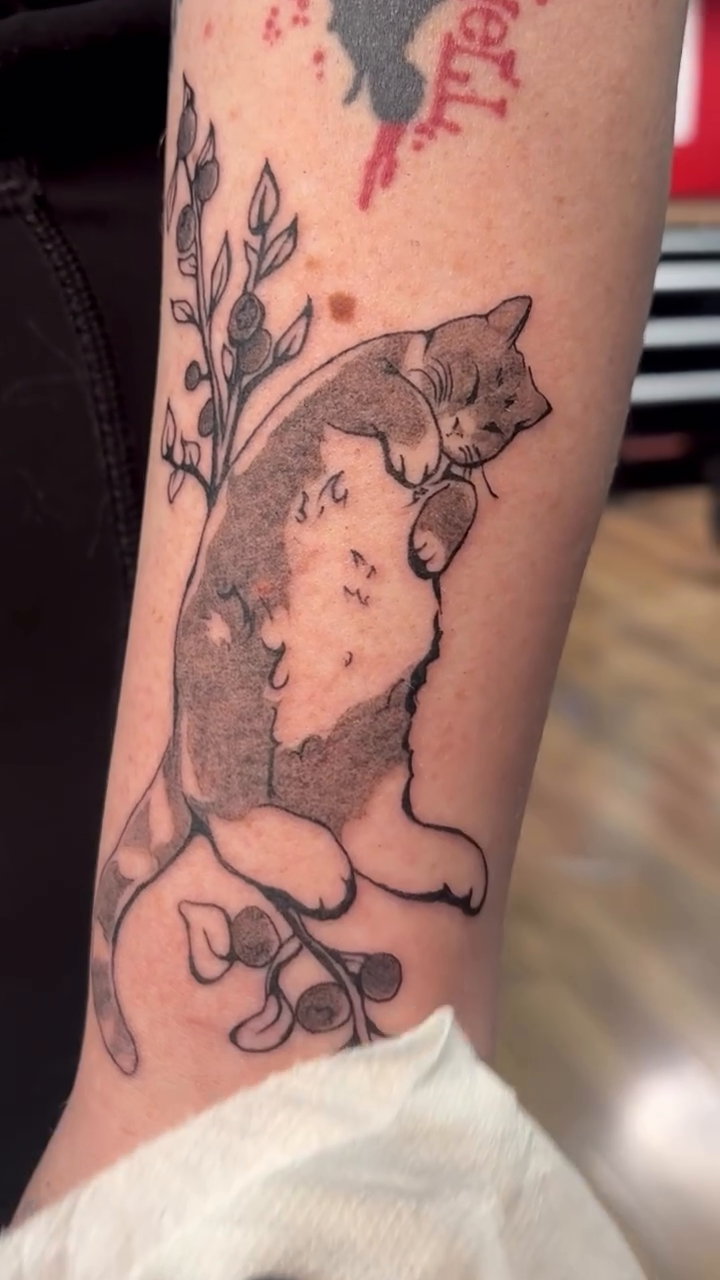 Cat with floral elements realism tattoo on the forearm by izzy solae
