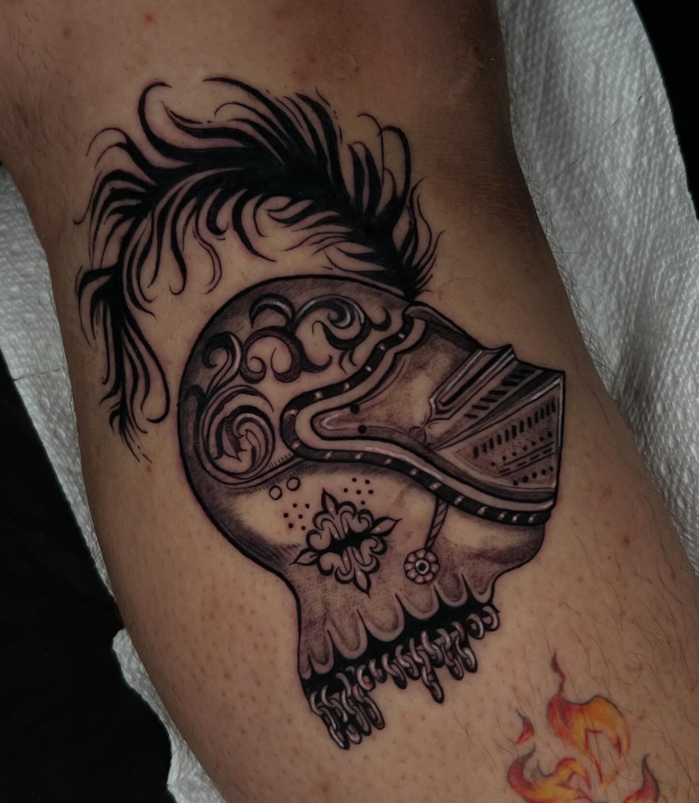 Helmet and flame black and grey tattoo on the forearm by ✧ :: paloma :: ✧