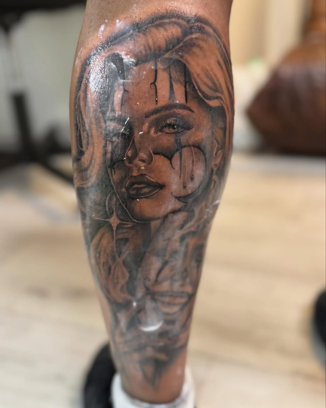 Tattoo by @artdenoche — chicano, black_and_grey